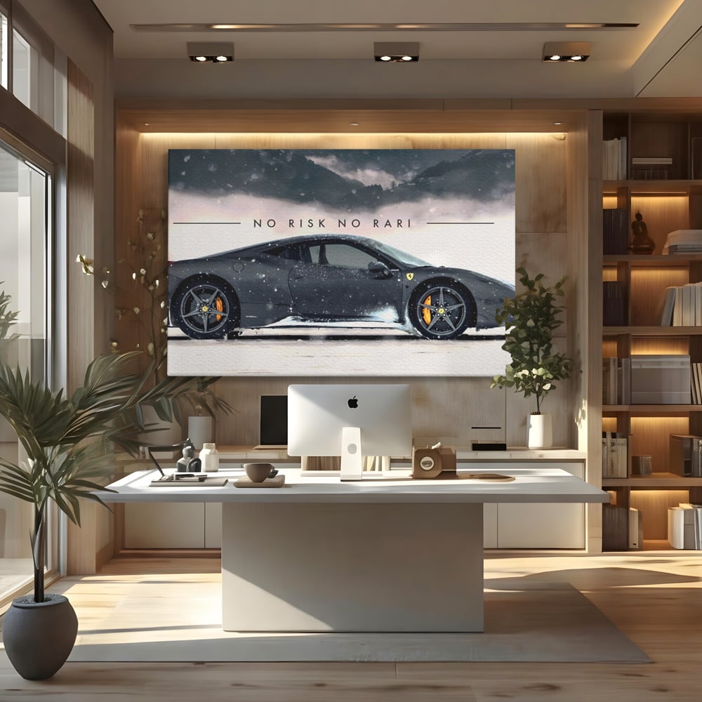 Tablou canvas cu tablou canvas cu masina ferrari pe zapada, fara rama, pe sasiu de lemn, pe perete intr-un birou